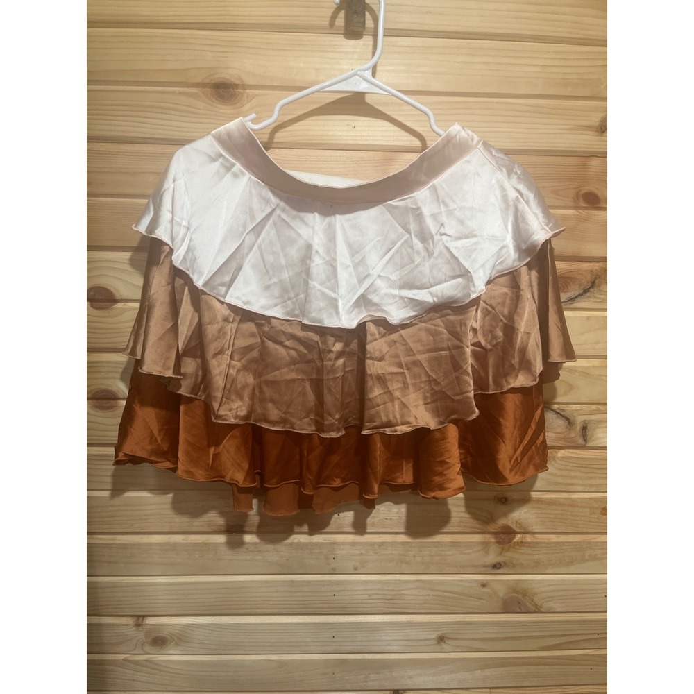 Cupshe Tiered Satin Ruffle Mini Skirt Colorblock Cream Tan Copper CAA02B4B018G M